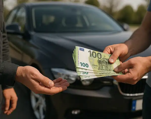 Ein Kunde erhält Bargeld beim erfolgreichen Autoankauf in Karlsruhe.